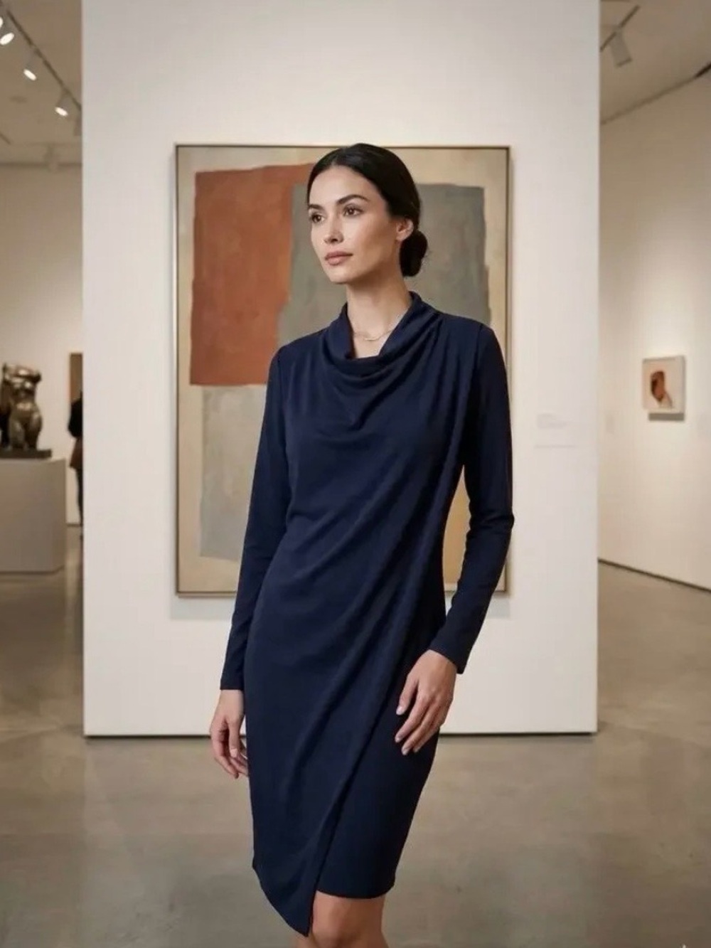 COS Draped Front Cowl Neck Black Long Sleeve Dress
